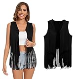 XonyiCos Damen Fringe Weste 70er Jahre 60er Jahre Hippie Weste Ärmellose Cowgirl Western Faux Wildleder Quaste Lederjacke Karneval und Rollenspiele Kostüme (Schwarze Quaste Weste, XL)