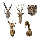HoldOneLight 3D-Wandhalterung, Tierköpfe für Wandkunst, hängende Skulpturen, kleine Metall-Wandkunst, Kunstharz, Wanddekoration, Ornament, wasserdichte Dekorationen, Wohnzimmer, Schlafzimmer, 5 Stück