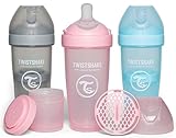 Twistshake 3x Pro Double Anti-Kolik Babyflasche mit Milchpulverbehälter - 330ml | Brustähnliche Brustwarze aus Silikon mit Schnellem Durchfluss | BPA-Freie | Geeignet für Babys ab 4m | Rosa Grau Blau