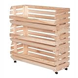 STOLMAK Obstkiste Holz auf Rollen 77 x 79 x 30 cm Kartoffel Obst Gemüse Aufbewahrung Regal mit Körben Stapelkisten Holzkiste Groß Aufbewahren Gemüsekiste 3 Etagen Farbe: Naturholz