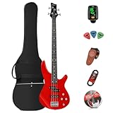 E-Bass Gitarre 4 Saiten Full Size P Bass Anfänger Kit für Starter mit Gigbag, Gitarrengurt und Gitarrenkabel (red)