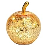 Seyila Home Dekorative Glas Apfel Leuchte mit LED Beleuchtung und Timer (unten), Crackle-Effekt Glas, Goldener Stiel, Weihnachtsdeko, Lampe (Gold, 7 cm)