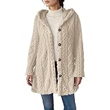 Generisch Ledermantel Damen, Kurzjacke Damen, Fleecejacke Mit Kapuze Wintermantel Teddy Fleece Mantel Oversized Hoodie Kapuzenjacke Lang Warm Herbst Jacke Winter Plüschjacke Winterjacke