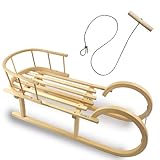 Hörnerrodel 100 cm mit Rückenlehne - Holzschlitten aus massivem Buchenholz - Hörnerschlitten Rodelschlitten mit Zugseil & Holzgriff - Schneeschlitten robust mit Leichtlauf-Stahlkufen