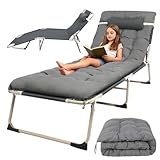 Sensch Sonnenliege Klappbett Gästebett Klappbar 176X56X28cm Gartenliege Feldbett Tragfähigkeit 150KG Reisebett Erwachsene 1200D Gewebe mit Auflage, Kopfstütze Verstellbare Rückenlehne (Grau)