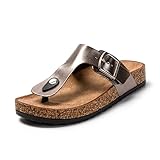 JOMIX Sommer Sandalen Damen Leder Zehentrenner Flip Flops Elegant Flache Strandschuhe Weiche Kork Fußbett (Silber Metallisch, 40 EU)