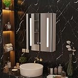 PIPIPOXER Badezimmer Spiegelschrank mit Beleuchtung und Defog, Speicher Regale, Beleuchtetes Badezimme Bad 45x60x15cm Badschrank mit Spiegel, Hängeschrank, Badspiegel, 3 Farbtemperatur dimmbare, Weiß