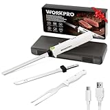 WORKPRO Elektromesser 8V, Kabelloses Küchenmesser mit 2 Edelstahlklingen, Elektrisches Messer mit Gabel, 2000 mAh Akku für Präzises Schneiden von Brot, Fleisch, mit Aufbewahrungsbox, Weiß