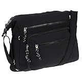 Christian Wippermann Nylon Umhängetasche Damen Groß - Mittelgroß mit Zwei Hauptfächern - Verstellbarer Trageriemen bis 150 cm - Reißverschlussfächer - Tasche mit Vielen Fächern - 30x26x12 cm Schwarz