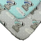 2-teiliges Spannbettlaken für Baby, Kleinkind, Kind, 100 % Baumwolle, superweich mit blau-grauem Teddy-Muster, für Kinderbett, kompatibel mit Chicco Next2Me, Tutti Bambini Cozee, 55 x 90 cm