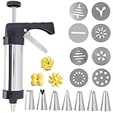 DBAILY Plätzchenpresse Edelstahl Gebäckpresse Gebäckspritze Kekspresse Kekshersteller Kuchen Dekorations Werkzeuge DIY Backzubehör mit 8 Schablonen und 8 Tüllen für Variantenreiches Spritz-Gebäck