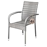 Casaria® Gartenstühle 4er Set Stapelbar Wetterfest Polyrattan Outdoor 160kg Garten Terrasse Balkon Stuhl mit Armlehne Gartensessel Stapelstühle Grau