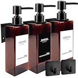 Seifenspender Wandbefestigung, Shampoo Flaschen Zum Befüllen Mit 32 Wasserdichten Etiketten, Seifenspender Wandbefestigung Ohne Bohren, Badezimmer Seifenspender Set, 500ml, 3 Stück,Schwarzer Bernstein