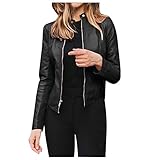 Leichte Bomberjacke für Damen, elegant, Kunstleder, Vintage-Stil, Kunstleder, Herbstjacke, Bikerjacke aus Kunstleder, Stand-Up, Schwarz , M