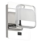 Quadratische LED-Wandleuchte, Chrom, Nachttischlampe mit USB-Anschluss und Schalter, Moderne Edelstahlleuchte, 10 W, rechteckige Innenleuchten für Schlafzimmer, Flur