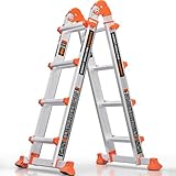 KINGRACK Aluminium Teleskopleiter 4,17 M 4x4 Sprossen Mehrzweckleiter, Rutschfeste Multifunktionsleiter mit Stabilisatorstange, Aluleiter Treppenleiter Bockleiter beidseitige Steh Belastbar bis 150 kg