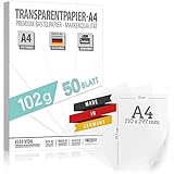 50 Blatt Blatt Transparentpapier bedruckbar DIN A4 PREMIUM 102g zum selber Bedrucken, Basteln Laternenpapier – Abpauspapier – Pauspapier, Tischkarten und Laternen selber basteln aus deutschland