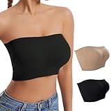 2 Stück Damen Trägerloser BH Push Up Bandeau BH ohne Träger Bandeau Top Gepolstert Damen Strapless Bra ohne Bügel Beige+Schwarz M