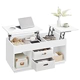 VASAGLE Couchtisch, höhenverstellbarer Wohnzimmertisch, 2 Schubladen und versteckte Fächer, Kaffeetisch, offene Fächer, für Wohnzimmer, Homeoffice, schneeweiß LCT210W01