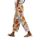 Leinenhose Damen 7/8 Stoffhose High Waist Gerade Strickhose Baumwolle Leinen Jogginghose Mit Tunnelzug Und Taschen Sporthose Mit Elastische Taille Sommerhose Baggy Print Strandhose Casual Pumphose