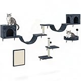 YITAHOME 8-teiliges Katzewand-Set, langlebige Plüsch-Kratzmöbel mit Kratzsäule, Katzenhaus, Katzenbrücke, Katzenleiter und Hängeball in Dunkelgrau