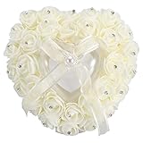 INVEES Ringkissen, romantisches herzförmiges Hochzeitsringkästchen, rosa Strass-Dekokissen, 2 Farben, 16 x 15 x 6 cm, für Hochzeit, Party (beige)