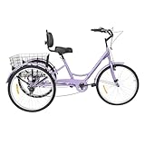 7 Gang Dreirad für Erwachsene 24 Zoll verstellbares mit Korb Fahrrad Klappdreirad Einkaufskorb faltbares Rückenlehne Sitzkissen Räder Seniorenfahrrad Reisen Dreiräder Tricycle 175x78cm