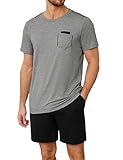 Uniexcosm Schlafanzug Herren Kurz Zweiteiliger Sommer Pyjama Set Kurzarm Nachtwäsche und Schlafshorts für Männer Grau L