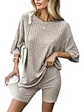 Zetieny Damen Tracksuit Kurzarm Rundhalsausschnitt Einfarbig Zweiteiler Hausanzug Loungewear Outfit Jogger Trainingsanzug Set
