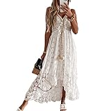 Felcia Langes Damenkleid mit Spitze, Vintage, tiefer V-Ausschnitt, rückenfrei, Strandkleid, lässig, unregelmäßiger Saum, fließendes Boho-Urlaubskleid, A-weiß, L