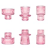 Toptime Kerzenhalter Glas, 6er Set Teelichthalter Rosa Transparent für Stabkerzen und Teelichter, Kristall Kerzenständer Klarglas für Tischdeko, 2 in 1 Teelichtgläser für Hochzeit, Geburtstag, Party