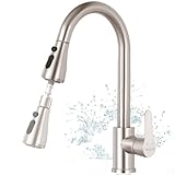 Wasserhahn Küche, Hochdruck Küchenarmatur mit Herausziehbarer Brause Ausziehbar Armatur, Mischbatterie Küche Spültischarmatur Brause 3 Modus, Edelstahl