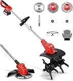 2-IN-1 Doppelmotorkopf AKKu Gartenfräse und Rasentrimmer mit 4000mAh Akku, Elektrisch Bodenhacke mit 5 Klingentypen und Unkrautbürste, Akku Motorhacke für Klein Beet & Garten