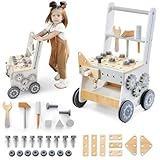 Mamabrum Lauflernwagen aus Holz mit Gummibereifung, Lauflernhilfe-Laufwagen für Kinder, Baby Walker, Babyspielzeug, Holzspielzeug, Sortierer, Werkzeugbank für Kinder aus Holz