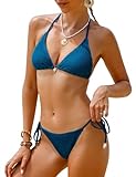 Vancavoo Bikini Damen Set Triangel String Oberteil Bikini-Sets Neckholder Verstellbare Zweiteiliger Badeanzug Bademode Swimsuit,Marineblau,L