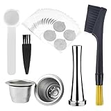 Wiederverwendbare Kaffeekapseln Set, Edelstahl Wiederbefüllbare Kaffeekapsel,kaffeekapseln nespressokompatibel, 2 Kapsel +100 Folienaufkleber + 1 Tamper +1 Löffel + 2 Bürste