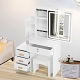 Oyajia Schminktisch Weiß, Kosmetiktisch mit Spiegel & Hocker, Frisierkommode mit LED-Beleuchtung Set, Frisiertisch mit 5 Schubladen, Schlafzimmermöbel Vanity Set, 140 * 94 * 40cm