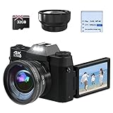 CCN Digitalkamera 4K 48MP, Fotokamera mit 180° Flip 3.0' Bildschirm, 16X Digitalzoom Kompaktkamera, 64GB TF-Karte, mit Macro Linse und Weitwinkel Linse, WiFi-Funktionalität, Upgrade-Version, Schwarz