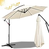 Fiqops Sonnenschirm Ø 350 cm Beige mit Kurbel| Ampelschirm mit Ständer | Gartenschirm Sonnenschutz UV-Schutz Aluminium | Kurbelschirm Marktschirm wasserdicht für Garten