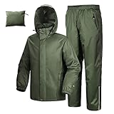 33,000ft Herren Damen Regenanzug Reflektierender Wasserdichter Regenkombi Packbare Winddichte Regenjacke+Regenhose mit Innennetz Regenkleidung für Fischen Wandern Camping, Armeegrün L