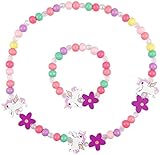 Holz Kinder Schmuck Set,Einhorn Freundschaftsarmband Einhorn Perlen Halskette und Armband Geschenk für Mädchen Geburtstag Party Dress Up Kostüm Zubehör