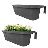 GarPet 2X Blumenkasten Balkongeländer Balkon Blumenkasten Balkonkasten mit Halterung Geländerkasten mit Wasserspeicher Rattan Optik Anthrazit 60 cm