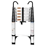 HBTower 3,2m Teleskopleiter Aluminium mit Haken, Leichte Ausziehleiter, Leiter Ausziehbar, klappbare Leiter für Dachböden, Caravans, 150kg Tragfähigkeit, Silber