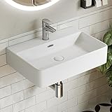 HOROW Waschbecken 60 cm Keramik, Modernes Aufsatzwaschbecken mit Hahnloch & Überlauf, Weiße Hängewaschbecken Waschtisch Bad für Badezimmer, Gäste WC & Garten, leicht zu reinigen