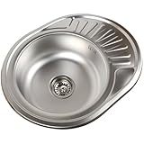 ANW HOME Küchenspüle Edelstahl mit Abtropffläche 57x45 cm mit Siphon, Spüle Küche, Waschbecken Klein Rund, Spülbecken Küche, Spüle Spülbecken Edelstahl, Kitchen Sink Satin