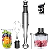 GDOR 1100W Pürierstab, 5 In 1 Stabmixer Edelstahl, Stufenlos Geschwindigkeitseinstellung Hand Blender Mit 2 Schneebesen, 800ml Messbecher, 600ml Häcksler