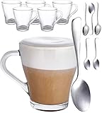 Cosumy 6 Cappuccino Gläser mit Henkel und Löffel - 250ml - Hält lange warm - Ideale Größe für Kaffeevollautomaten - Spülmaschinenfest