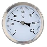 Qualoramall Bimetallisches Rohrthermometer, 63 mm Zifferblatt, 0–120 °C, axiale hintere Halterung mit Befestigungsfeder, langlebiges Metallgehäuse für Heizsystem, Heizungskessel, HVAC