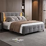 Polsterbett 140x200cm mit LED Doppelbett Gesteppte Kopf- und Fußteil Jugendbett Bettkopf in DREI Höhen verstellbar Familienbett für Erwachsene Jugendliche Gästebett Grau
