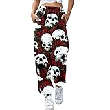 Gothic Hose Damen XXL Halloween Kostüm Skull Motiv Jogginghose Drucken Sporthose Haremshose Bunt Hip Hop Lang Freizeithosen Mit Totenkopf Print High Waist Loose Sweathose Oversize Trainingshose